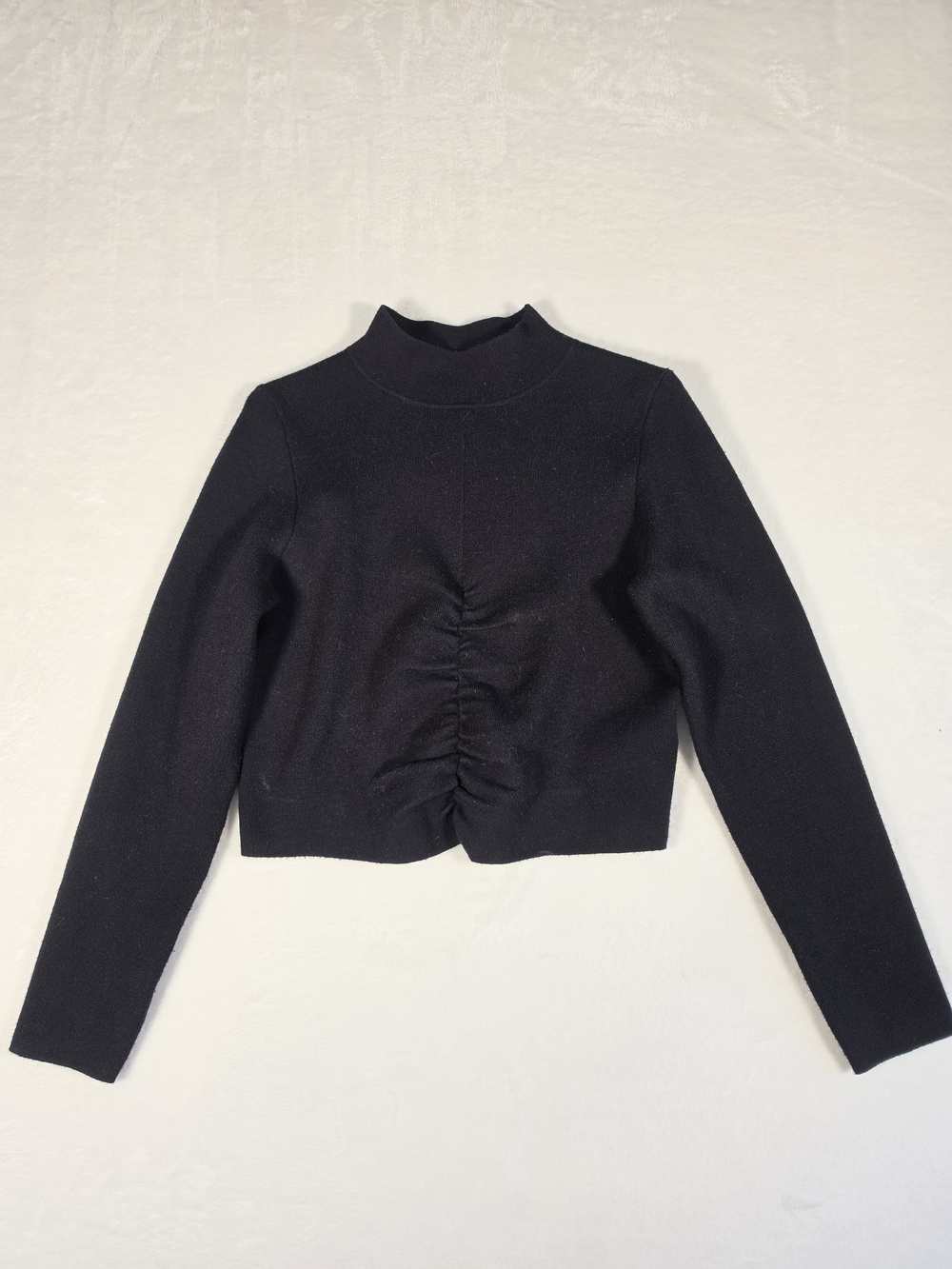 by Anthropologie Womens Mock Neck Black Cropped Sweater Ruched Front Size S